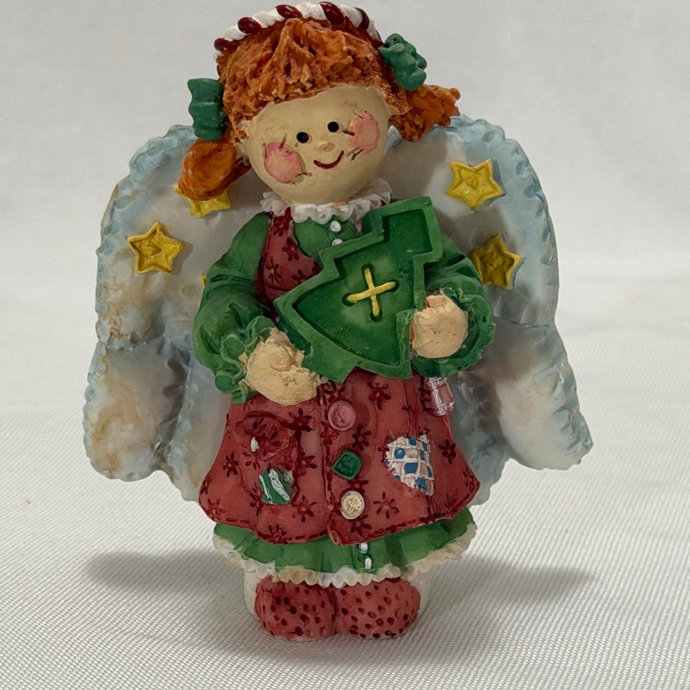 Vintage Enesco Christmas Angel Figurine 1995 Folk Art Girl Holding Tree Holiday‎
